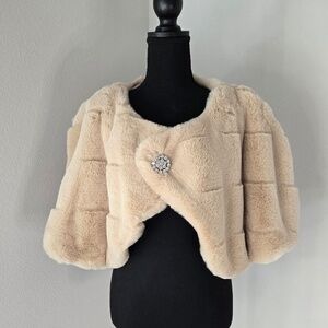 Champagne Faux Fur Bolero Jacket with Rhinestone Clasp